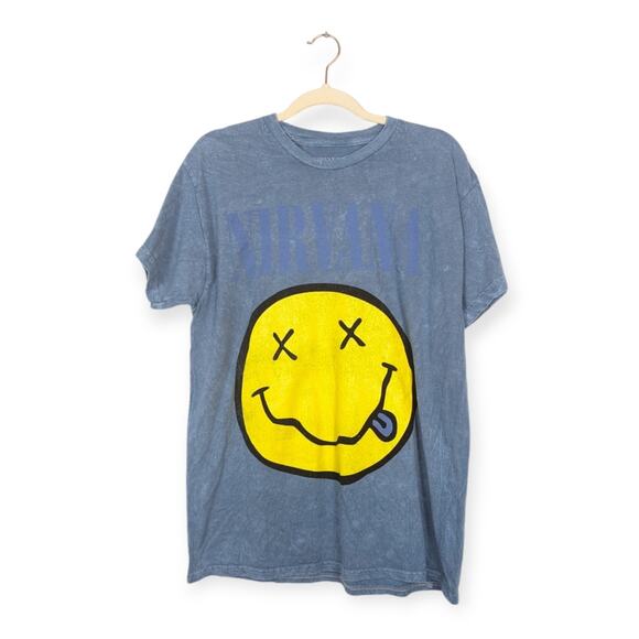 Nirvana Officially Licensed Blue Tie Dye Nevermind Smiley Grunge Band Tee - Picture 1 of 5
